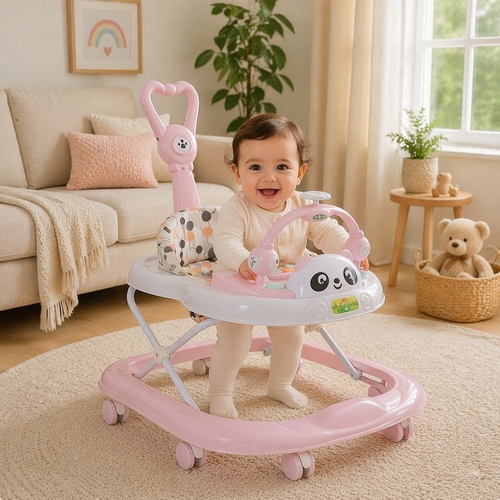 858 Baby Walker - a baby walker, which helps infants learn to walk by allowing them to move around while seated.&nbsp;: Features a panda-themed play tray and a push bar for parent assistance.&nbsp;: Typically includes castor wheels for movement.&nbsp;Age Range: Generally suitable for babies aged 6 months and older.