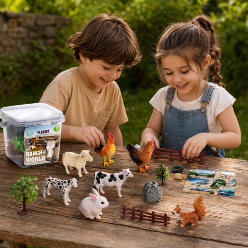 Farm Animal Figure Set VA448161 - This playset includes realistic plastic figures of various farm animals such as cows, sheep, and horses.