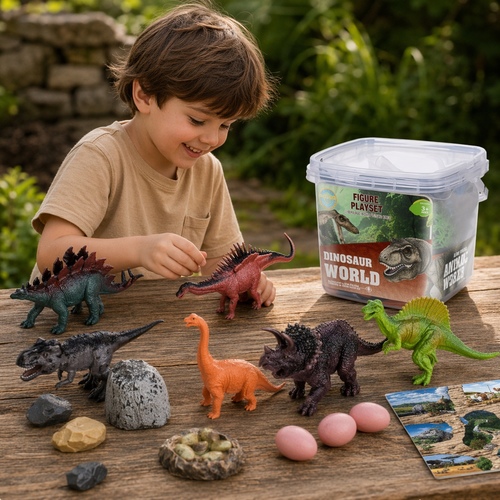 Dinosaurs Figure  VA448164 - This educational set typically includes various prehistoric dinosaur figures and accessories, such as trees or rocks, designed for imaginative play and storytelling.&nbsp;It comes in a reusable bucket with a handle, making it portable and easy to store.