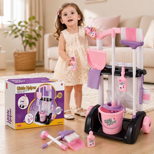 Cleaning Set VA100272 - Includes a trolley, broom, bucket, and various other accessories for housekeeping simulation.&nbsp;Dimensions: Approximately 58cm in height, 41cm in width, and 27cm in depth.&nbsp;Target Age: Recommended for children aged 3 years and older.