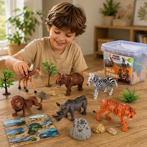 Wild Animals Playset VA448163 - featuring a variety of wild animal figures packaged in a reusable plastic storage bucket for educational play.