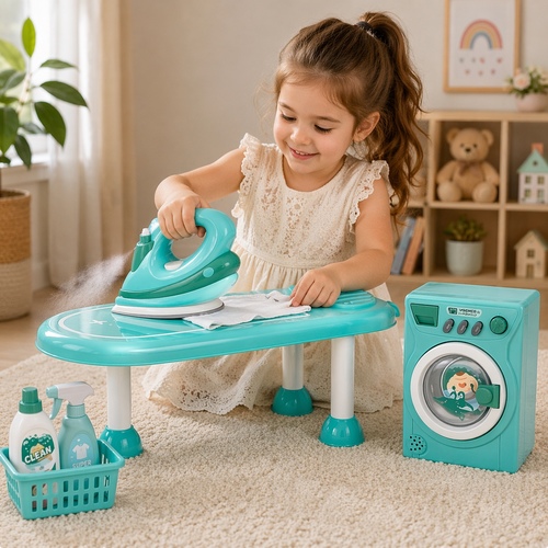 Mini Home Appliance VA355132 - Typically recommended for children aged 3 years.&nbsp;The turquoise-colored set is designed for imaginative role-playing and usually includes the following functional components:Toy Iron: Features a movable dial and often a button that sprays water to simulate real ironing.Washing Machine: Some versions of this set include realistic spinning actions and sound effects.Ironing Board: A compact tabletop board for kids to practice 