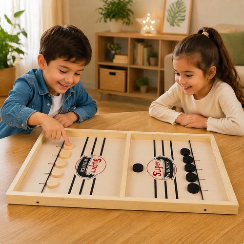 Pucket Game VA221495 - Fast Sling Puck board game, which is a fast-paced tabletop dexterity game.&nbsp;Players race to catapult all pucks from their side through a small gate to the opponent's side using the attached elastic bands.