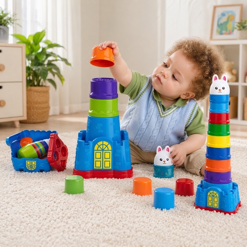 kids Castle VA226092 - It is a 15-piece educational toy set that includes cups for stacking and nesting, designed to help develop fine motor skills, hand-eye coordination, and problem-solving abilities.&nbsp;Age and Safety: Recommended for children aged 12 months and older, and features safe, non-toxic materials.