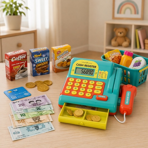 Cash Register VA283446 - It includes a functional calculator display, play money, and plastic grocery items like fruits and miniature food boxes. The set helps develop early math skills and imaginative role-playing
