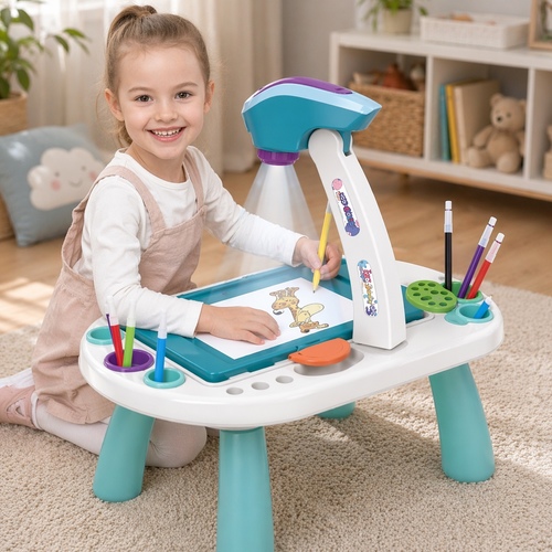 Projector Desk VA276652 - It includes a built-in projector that displays images onto a writing board for tracing, helping children learn to draw.&nbsp;The set typically comes with 3-4 picture slides, 12 colorful water pens, and has an adjustable projector angle.