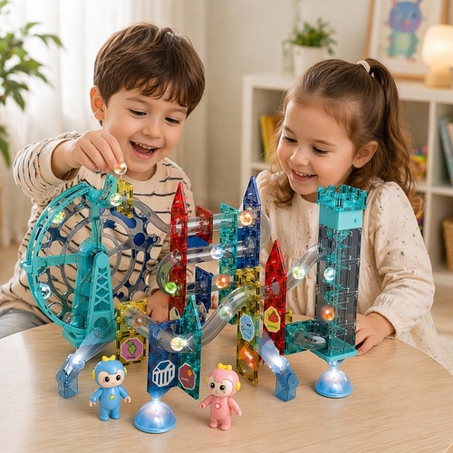 5600 Magnetic Blocks - 80-piece Magic Magnetic Blocks Magnetic Marble Run Set, specifically the Dige brand model, which is a toy intended for children aged 3 and older.&nbsp;: Includes magnetic building tiles, track pieces, and lighted balls to create an exciting marble run.