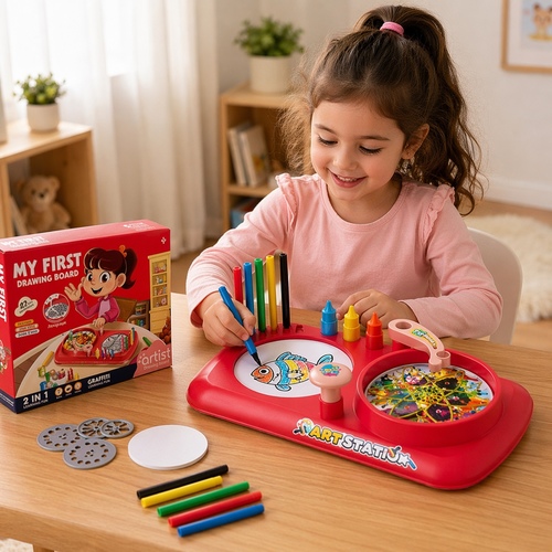 Drawing Board 050-83 - My First Drawing Board – Spin Art” is a fun and educational toy designed to spark children’s creativity and imagination. It comes with 46 accessories including colors, drawing tools, and a unique Spin Art system that allows kids to create beautiful circular patterns with ease.


The board features a safe and easy-to-use design with 2-in-1 functionality (drawing and writing), helping to develop fine motor skills and artistic expression. Perfect for both playtime and learning, and an excellent gift choice for kids.