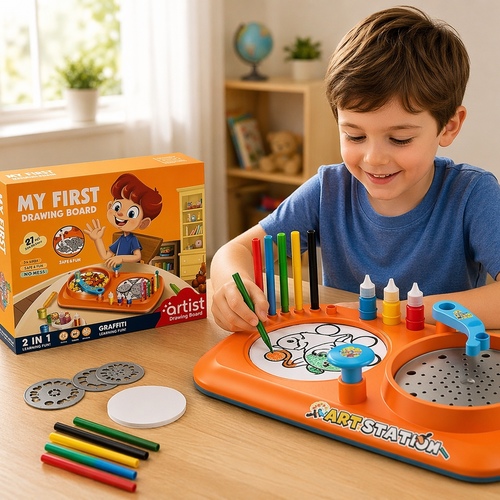 Drawing Board 050-88 - My First Drawing Board” is the perfect creative and educational toy for kids, designed to enhance their artistic skills in a fun and safe way. It includes 49 accessories such as coloring pens, drawing tools, and a spirograph system for creating unique geometric patterns.
