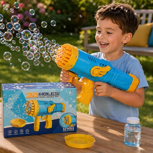 Bubble Gun VA247054 - an automatic bubble gun toy featuring a 32-hole nozzle design for high-volume bubble output.&nbsp;It is equipped with built-in LED lighting and constructed from durable ABS material.&nbsp;Powered by batteries, it requires pulling the trigger to create a continuous stream of bubbles.
