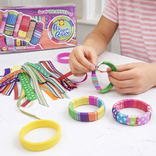 funky bracelet - 38488 - DIY craft kit for making bracelets.Contents: Includes 5 plastic bangles, various ribbons, double-sided tape, and glue.&nbsp;Allows children to wrap ribbons around plastic bangles to create personalized, trendy jewelry.&nbsp;&nbsp;Suitable for children aged 7 and older.