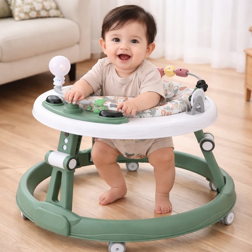 516 Baby Walker - : The walker can be adjusted to match the child's height as they grow.&nbsp;: It is designed to be folded compactly for easy storage.&nbsp;: Includes a removable tray with toys, lights, and sounds for entertainment and development.&nbsp;: Equipped with multi-directional wheels for 360-degree movement.&nbsp;Disclaimer: Baby walkers can pose risks if used improperly; always supervise children closely while they are in the walker, and ensure the area is free from hazards like stairs or uneven surfaces.