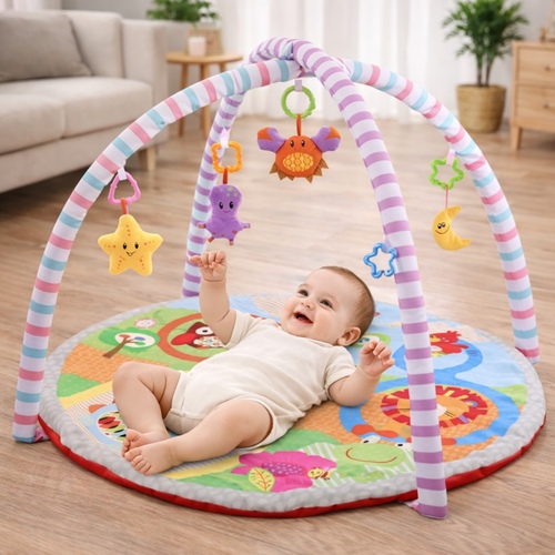 73151 Crawls Cushion - a&nbsp; Activity Gym & Crawls Cushion, which is a developmental toy for infants.: Includes a soft play mat, detachable arches, 5 hanging sensory toys with C-rings, a music/light component, and a dedicated pillow.&nbsp;: Designed to help babies grow, learn, and stay active during tummy time or play.&nbsp;Age Range: Suitable for newborns and infants.&nbsp;: Approximately 75x60x42cm.