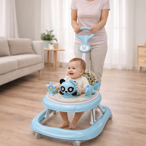 858X Baby Walker - a baby walker, often featuring musical toys and a parental push handle for guidance.&nbsp;Features: Includes interactive toys like a panda bear, stars, and lights to engage the child.&nbsp;: Designed to help babies explore their surroundings safely while learning to walk.&nbsp;: Typically features adjustable height settings to accommodate the baby's growth.