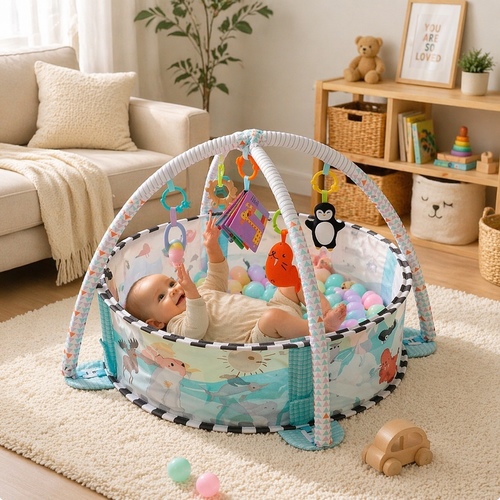BB027-27733 Baby PlayMat - 4-in-1 baby activity gym and ball pit.&nbsp;It functions as a play mat for tummy time, an activity gym with hanging toys, and a ball pit.&nbsp;The set includes a soft mat, toy arches, and 30 colorful balls.&nbsp;It is designed to boost sensory and motor skills for newborns and infants.&nbsp;The mesh sides create a safe, enclosed area for toddlers to play.