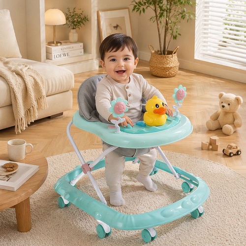 809Y-29073 Baby Walker - This baby walker is a classic activity center designed to help infants between 6 and 18 months old as they learn to walk. It features a distinctive duck-themed toy tray and flower-shaped toys to keep children entertained while they move.