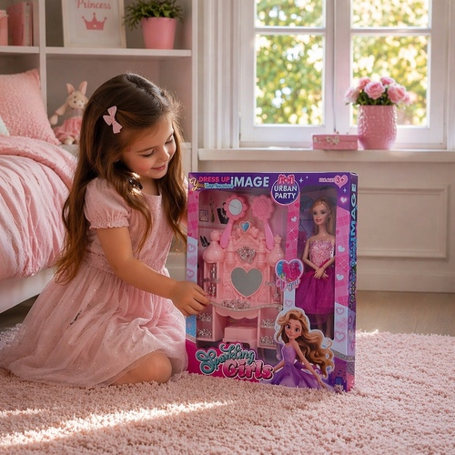 Doll Set VA447833 - Sparkling Girls Urban Party Doll Set, a pretend-play toy designed for children ages 3 and up. The set includes a fashion doll with blonde hair and a large, heart-themed pink vanity table equipped with various grooming accessories.
