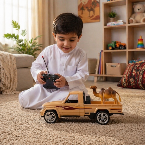 R/C Pickup Car VA280143 - This item is a 1:14 scale remote control toy car styled after a Toyota Land Cruiser pickup truck, featuring a 4x4 design and including a decorative camel in the truck bed.