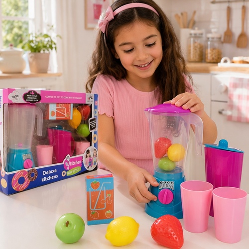 Deluxe Kitchen Blender Playset VA279300 - It features plastic fruits (apple, lemon, strawberry), cups, a pitcher, and a juice carton for realistic role-playing.