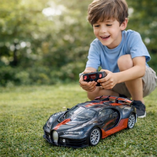 R/C Racing Car VA293348 - This item is a 1:10 scale remote control toy car styled after a Bugatti sports car, featuring full-function movement (forward, reverse, turn left/right) and working headlights.&nbsp;Operates on a 27MHz frequency for remote control functionality.Includes a rechargeable battery set and charger.