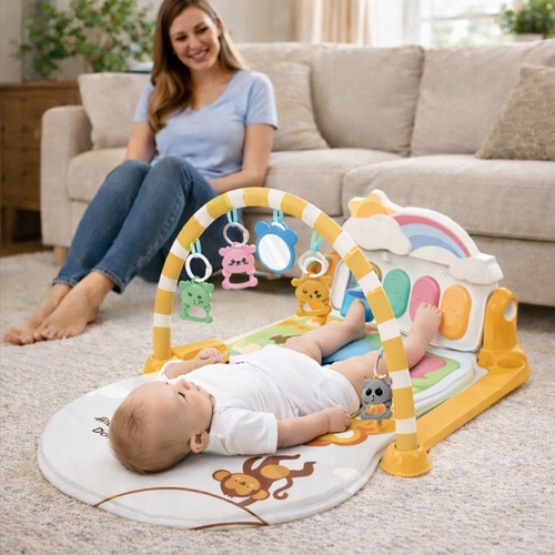 1122-23A Pedal Piano - BeBeelin Rainbow Pedal Piano, a baby activity gym designed for newborns and infants up to 36 months.&nbsp;Interactive Features: Includes a kick-activated musical piano, a soft padded play mat, four rattle toys, and a plastic mirror.&nbsp;Developmental Benefits: Designed to stimulate auditory senses, improve hand-eye coordination, and promote leg strength through kicking.