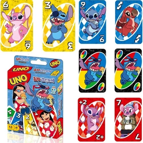 035 Uno Lilo&Stitch Card - Mattel Disney Lilo and Stitch UNO Card Game.&nbsp;It is a themed version of the classic matching card game featuring characters and designs from the movie Lilo & Stitch.&nbsp;Includes 112 cards: 76 number cards, 24 action cards, 8 wild cards, and a special 