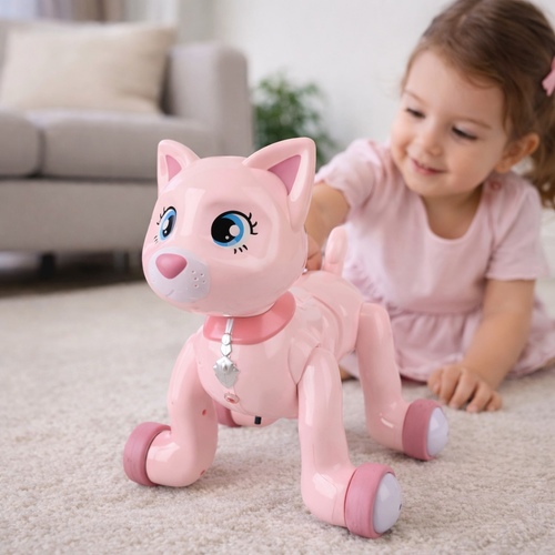 Vs1462 Puppy Pink - Robot Pet, which is a remote-controlled interactive toy.&nbsp;Operates via a 2.4G remote control.Design: A pink robot designed to look like a pet, possibly a cat or dog, with other pet illustrations on the box.Potential Features: Similar products often include LED light-up eyes and realistic movements to enhance interactive playtime. 3+ages