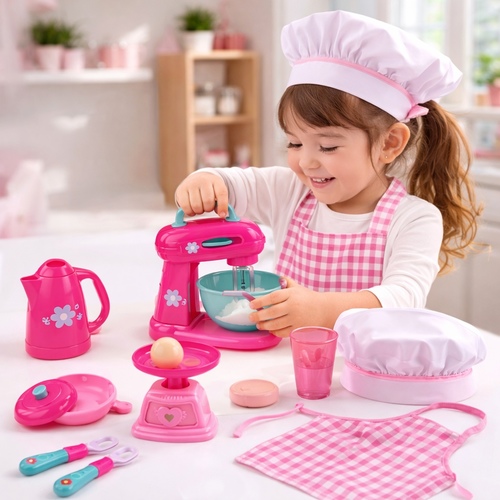 kitchen playset-SK18B - Pretend play kitchen set including cookware and accessories.&nbsp;Includes a chef hat, apron, and various cooking utensils.&nbsp;Suitable for children aged 3+.