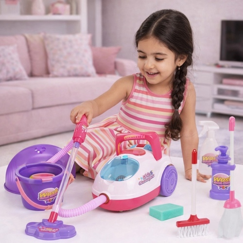 Cleaning Kit VA353010 - A children's role-play cleaning set featuring a plastic vacuum cleaner with suction and sound effects.&nbsp;Includes 11 pieces such as a broom, mop, bucket, and cleaning bottles.&nbsp;Designed for toddlers ages 3 and up to encourage imaginative play and develop tidy habits.
