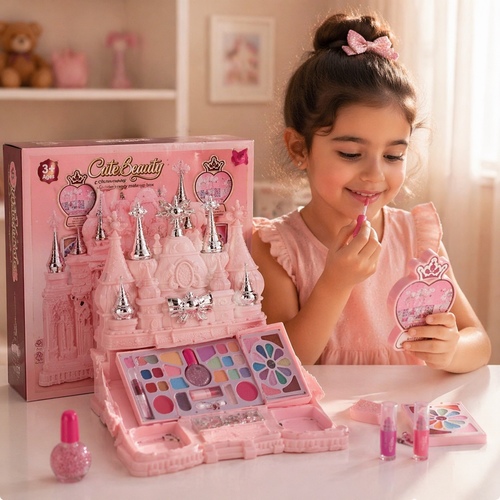 1688-8831 CUTE BEAUTY - Enchanting Castle Design – Eye-catching and magical design that adds a fairy-tale touch to every play session.All-in-One Makeup Kit – Includes lip gloss, colorful paints, applicators, and more – perfect for pretend play.age are suitable for 3+& above