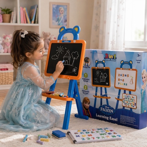 3688F Frozen Learning Board - a 3-in-1 Frozen Learning Easel for children, designed to support educational development through creative play.&nbsp;: It includes a double-sided board with a whiteboard for markers and a blackboard for chalk, along with magnetic letters and numbers. 3+ages