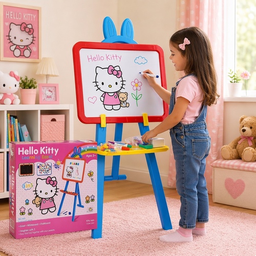 KT3655  DRAWING BOARD - Hello Kitty 3-in-1 Learning Easel.&nbsp;It is a double-sided board featuring a magnetic whiteboard on one side and a chalkboard on the other.&nbsp;The set typically includes magnetic letters, mathematical signs, chalks, and a duster.&nbsp;It is designed for children aged 3 and older to encourage drawing, coloring, and lettering.