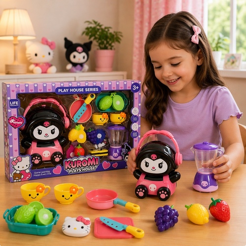 678-304 kuromi kitchen set - Kuromi Play House Kitchen Playset.&nbsp;It includes a Kuromi-themed cooking set featuring a blender, toy food items, and cups.&nbsp;The playset is designed for children ages 3 and up.&nbsp;This toy encourages imaginative role-playing and cooking scenarios.