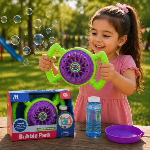P8908B BUBBLE STEERING WHEEL - a Bubble Park steering wheel-shaped bubble machine for kids.&nbsp;: Handheld automatic bubble blower in a steering wheel design.: Machine, bubble solution bottle, and a dipping tray.: Battery-operated, automatic bubble production.: Designed for easy holding, often used for parties and outdoor play.3+ages