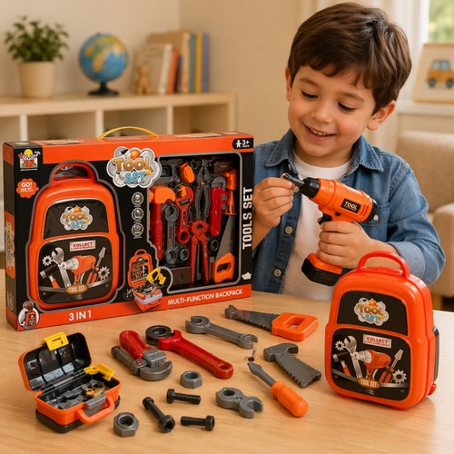 BB8001-A TOOL SET - 3-in-1 multi-function backpack tool set for children, designed for pretend play.&nbsp;: Includes 22 pieces such as a toy hammer, saw, wrenches, screwdriver, and toy drill.&nbsp;: Tools are designed with smooth edges for safety and are made of durable ABS plastic.&nbsp;: Suitable for children aged 3 years and older.&nbsp;: The toy set comes in a portable backpack that transforms into a small workbench.
