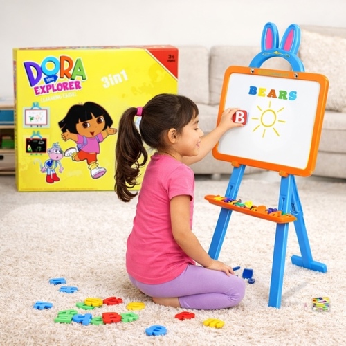 3655A DORA DRAWING BOARD - Dora the Explorer 3-in-1 Learning Easel.&nbsp;: Features a double-sided board with a magnetic whiteboard on one side and a chalkboard on the other.&nbsp;: Includes magnetic letters, numbers, chalk, and a marker.&nbsp;: Designed to help children develop creativity and imagination.&nbsp;Age : Manufacturer recommended for ages 3 and above.