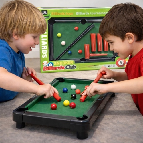 666-150 BILLIARDS - a mini table billiards game set designed for children.&nbsp;It includes a miniature pool table, cues, billiard balls, and a ball rack. Age 3yrs old and above.