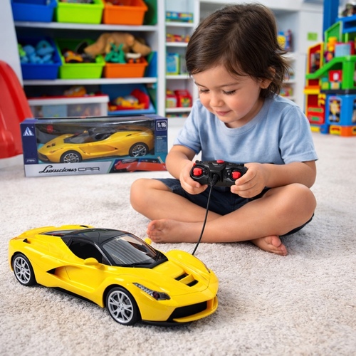 27-18AS Luxurios Car - a 1:16 scale yellow remote control sports car model.&nbsp;: Operates on a 27 MHz frequency for radio control.: Capable of moving forward, backward, left, and right. 6+Ages