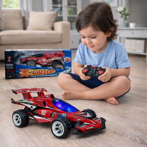 VA107917 R/C X-GALLOP - a remote-controlled buggy racing car.&nbsp;It features front and rear suspension with coil spring shock units.&nbsp;The car has full-function controls, allowing it to move forward, reverse, and turn left and right.&nbsp;It is powered by batteries and designed for cross-country racing.&nbsp;The package includes the car and a remote controller. 6+ages