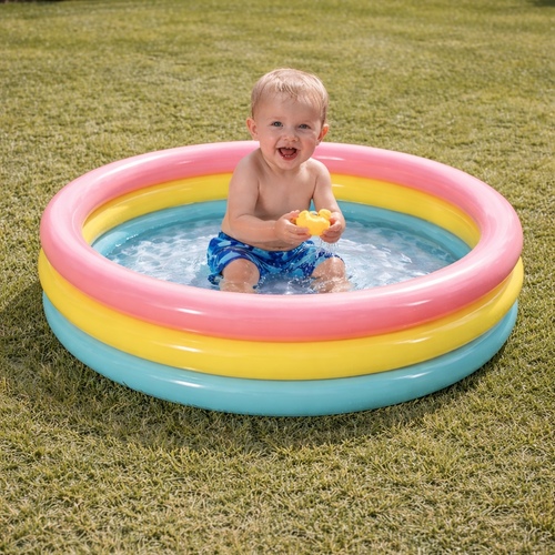 Baby Swimming Pool 58924 - Key Specifications: Approximately 34 inches in diameter and 10 inches in height, with a capacity of roughly 118 liters.&nbsp;Unique Features: Features a soft, inflated floor for comfort, durable vinyl construction, and a vibrant, rainbow-inspired color scheme.