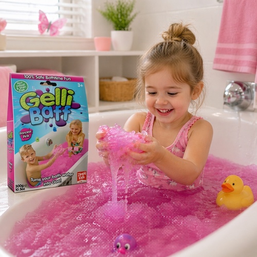 5004 GELLI BAFF - GELLI BAFF PINK COLORA bath powder that transforms bathwater into a thick, colorful liquid, then reverts back to colored water for easy draining. Suitable for children aged 3 and up.