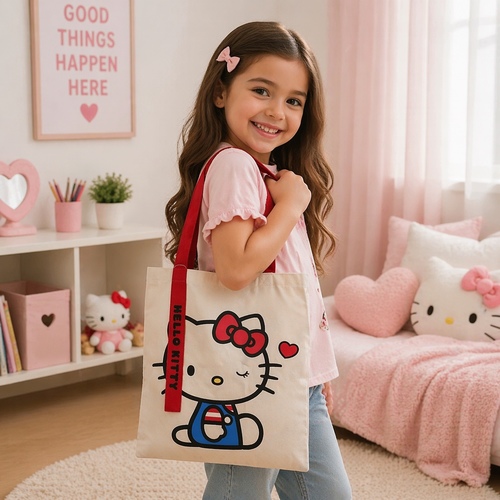 2W40911 Tote Bag - Hello Kitty tote bags with similar red handles.this Hello kitty canvas Tote bag is 100% Cotton.