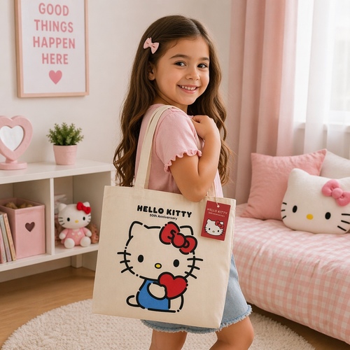 2W40907 Tote Bag - Hello Kitty 50th Anniversary canvas tote bag is a shoppers-style accessory featuring a printed motif of the character holding a heart. 100%cotton materials.