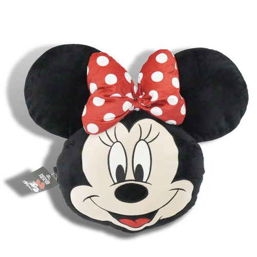 Minnie Mouse pillow 51966 - Kids pillow featuring a 3D Minnie Mouse face design, highlighted with a cute red polka-dot bow that adds a charming and girly touch. Made from soft and comfortable material, perfect for sleeping or as a delightful decorative piece for any child’s room.