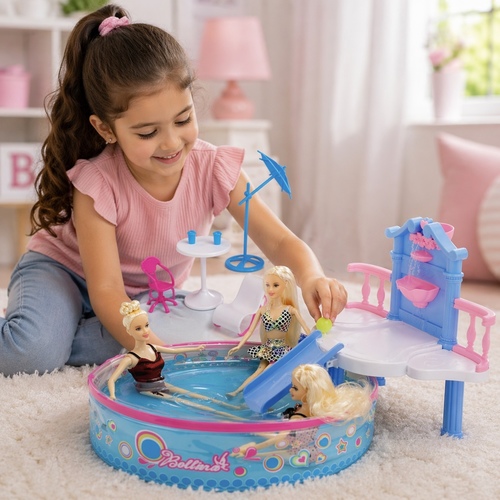 DOLL+SWIMMING POOL-VS1800 - Glam Deluxe Doll Pool Playset with 7 Pcs Accessories, Fits 12 Inch Dolls, Kids Gifts for 3 to 8 Year Olds Girls, Bath Toys for Toddlers, Birthday & Xmas Gift for Girls & Kids Aged 3+