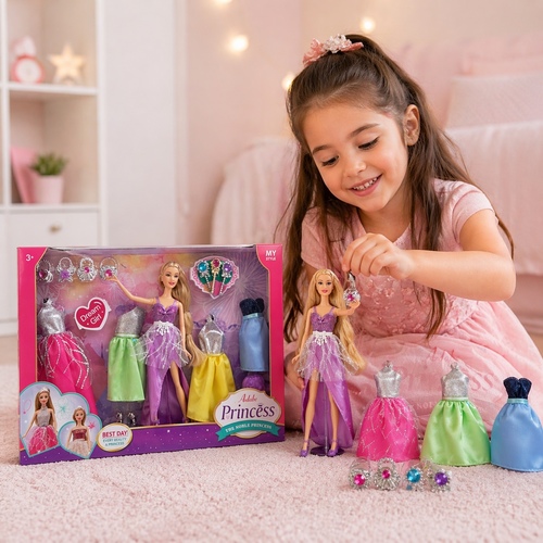 WX27 ANBIBI PRINCES - Anbibi Princess Fashion Doll Dress-Up Playset, featuring a 11.5-inch princess doll and multiple accessories.&nbsp;Includes a doll with long, brushable hair for styling.Comes with several mix-and-match princess-themed outfits and shoes.Designed for children aged 3 and up.Encourages creativity through fashion play.