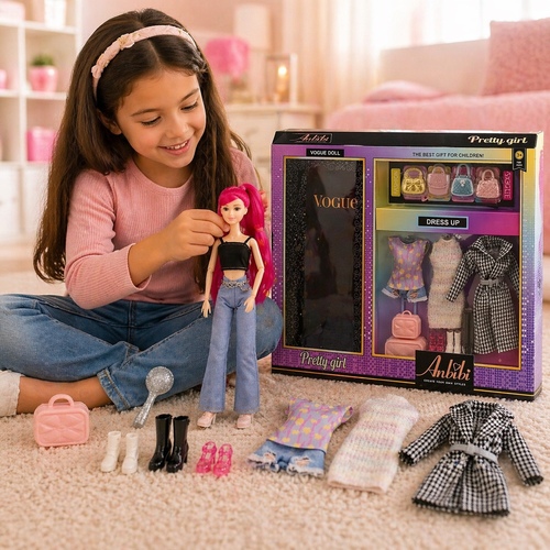 WX120Vogue Doll - Vogue Doll set, which appears to be a fashion doll similar in style to a Barbie doll.&nbsp;The doll features long pink hair and is styled in a black crop top and wide-leg jeans.The set includes various fashion accessories like handbags and extra outfits for dress-up play.It is marketed as a 
