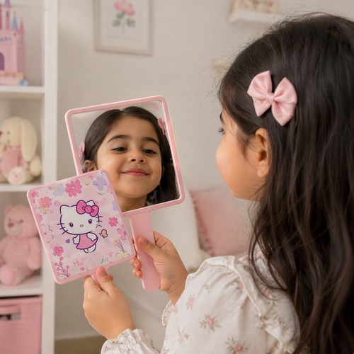 2S50806 HK Mirror - a Sanrio Hello Kitty handheld makeup mirror with a pink design and a sturdy handle.