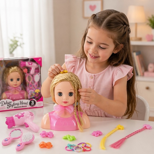 Deluxe Styling Head VA174871 - A pretend play beauty set designed for children to practice hairstyling, braiding, and makeup.&nbsp;Target Audience:&nbsp;Recommended for children&nbsp;ages 3 and up.Set Components:&nbsp;Typically includes a doll head with brushable hair and various accessories such as a&nbsp;toy hair dryer, brushes, mirrors, hair ties, and barrettes.Materials:&nbsp;Often constructed from ABS plastic and flexible rubber with synthetic hair.