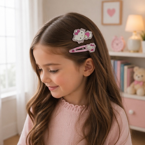 2S50864 HK HairClip - A Sanrio Hello Kitty Pink Collection hair accessories kit featuring a hair barrette and a character-shaped clip.&nbsp; 3+ages